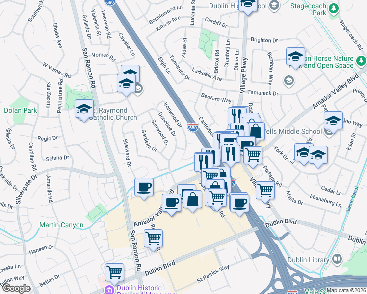 map of restaurants, bars, coffee shops, grocery stores, and more near 7600 Ironwood Drive in Dublin