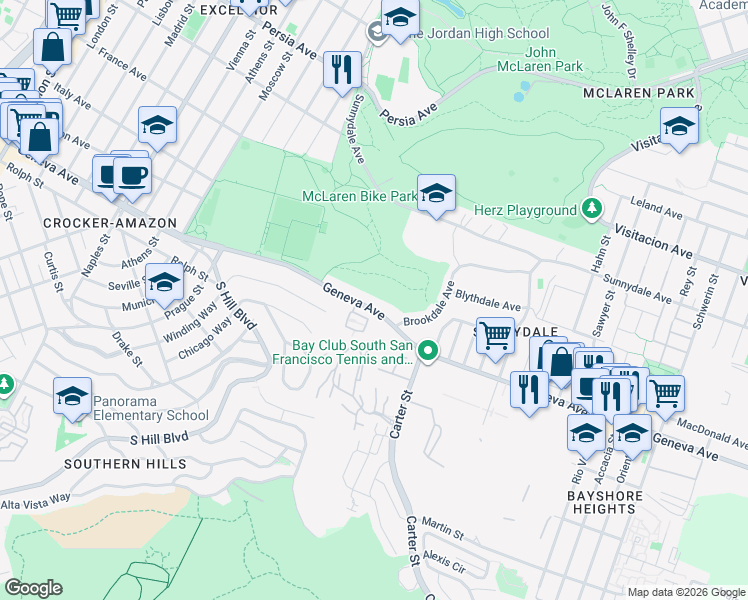map of restaurants, bars, coffee shops, grocery stores, and more near 1745 Geneva Ave in San Francisco