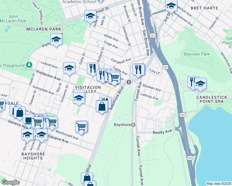 map of restaurants, bars, coffee shops, grocery stores, and more near 2420 Bayshore Boulevard in San Francisco