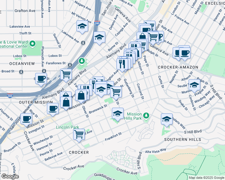map of restaurants, bars, coffee shops, grocery stores, and more near Morse Street & Lowell Street in San Francisco