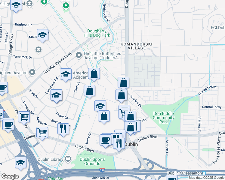map of restaurants, bars, coffee shops, grocery stores, and more near 6955 Sierra Court in Dublin
