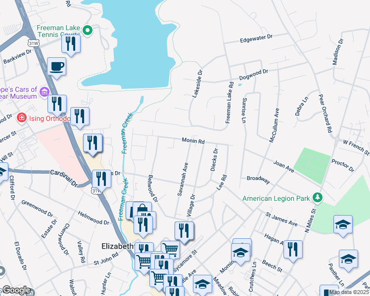 map of restaurants, bars, coffee shops, grocery stores, and more near 908 Monin Road in Elizabethtown