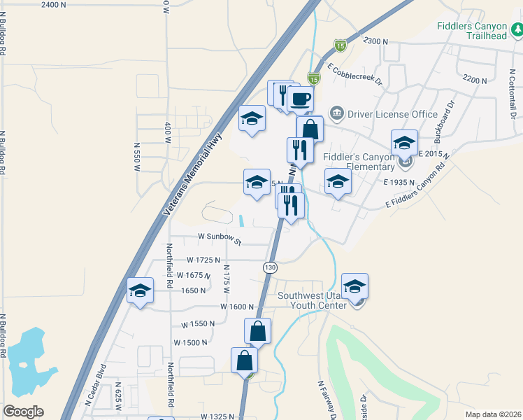 map of restaurants, bars, coffee shops, grocery stores, and more near 1865 North Main Street in Cedar City
