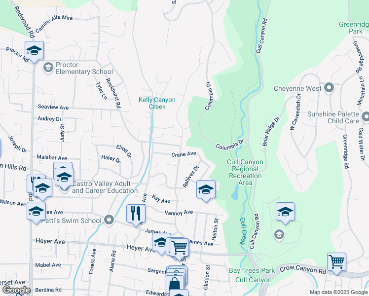 map of restaurants, bars, coffee shops, grocery stores, and more near in Castro Valley