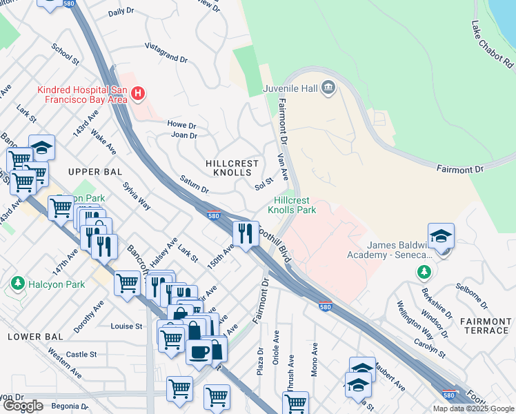 map of restaurants, bars, coffee shops, grocery stores, and more near 14948 Saturn Drive in San Leandro