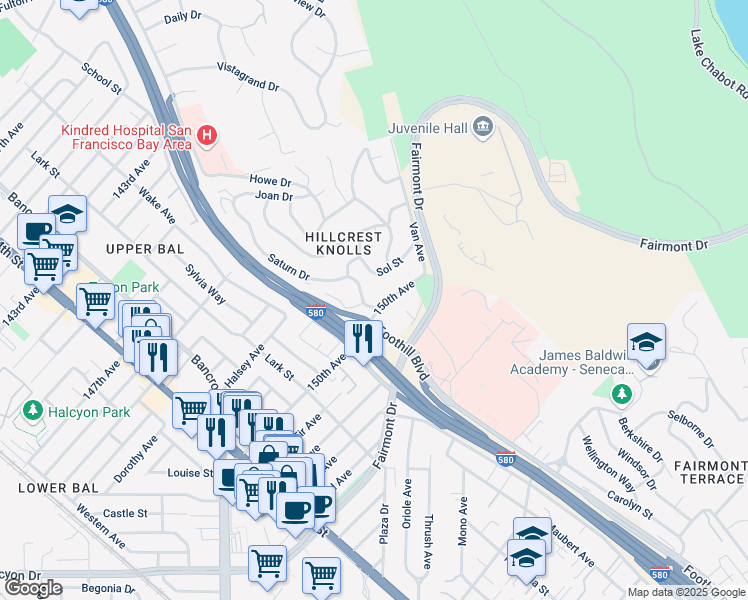 map of restaurants, bars, coffee shops, grocery stores, and more near 14948 Saturn Drive in San Leandro