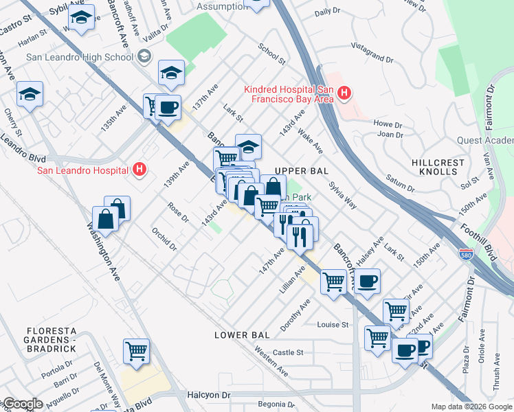 map of restaurants, bars, coffee shops, grocery stores, and more near 14365 Bancroft Avenue in San Leandro