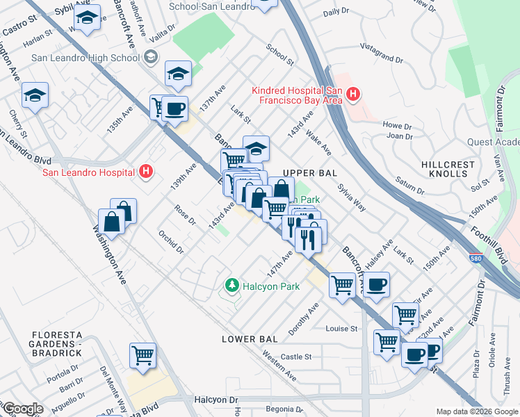map of restaurants, bars, coffee shops, grocery stores, and more near 14365 Bancroft Avenue in San Leandro