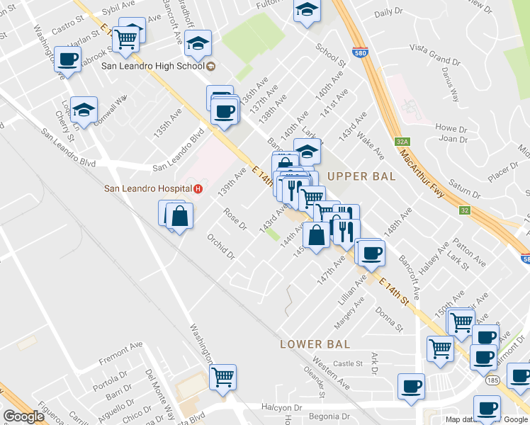 map of restaurants, bars, coffee shops, grocery stores, and more near 14255 East 14th Street in San Leandro