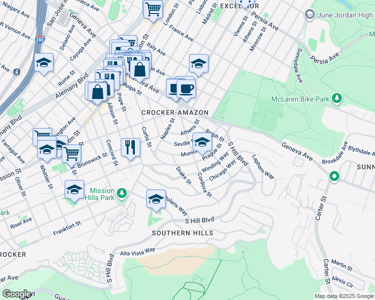 map of restaurants, bars, coffee shops, grocery stores, and more near 142 Cordova Street in San Francisco