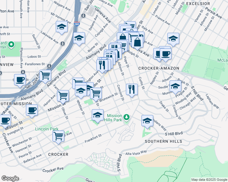 map of restaurants, bars, coffee shops, grocery stores, and more near 119 Guttenberg Street in San Francisco