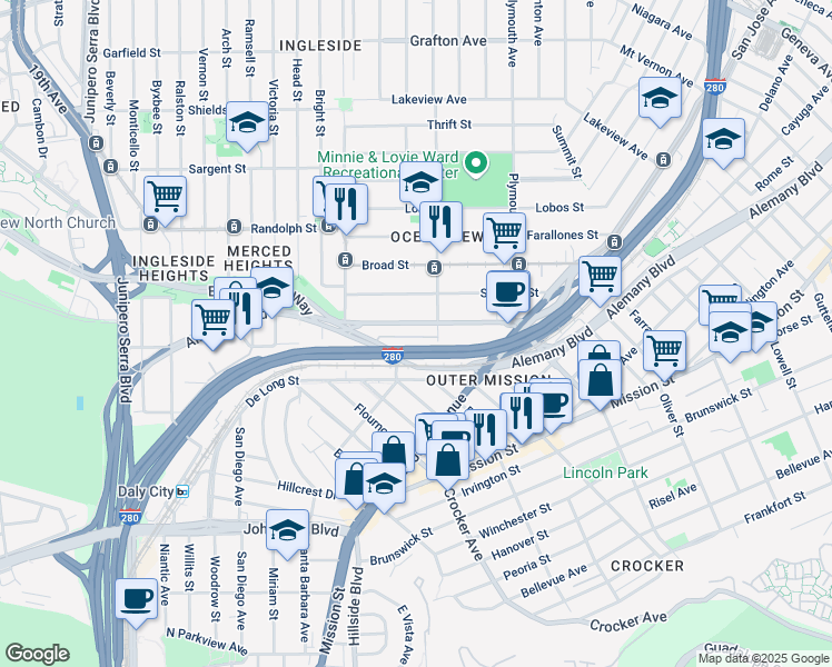 map of restaurants, bars, coffee shops, grocery stores, and more near 222 Sagamore Street in San Francisco