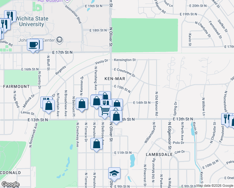 map of restaurants, bars, coffee shops, grocery stores, and more near 1557 Floberta Street in Wichita