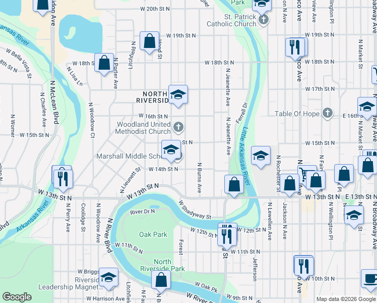 map of restaurants, bars, coffee shops, grocery stores, and more near 1025 West 15th Street North in Wichita