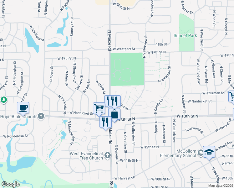 map of restaurants, bars, coffee shops, grocery stores, and more near 10234 Alamo Court in Wichita