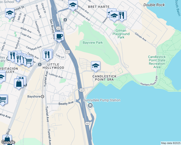 map of restaurants, bars, coffee shops, grocery stores, and more near 150 Executive Park Boulevard in San Francisco