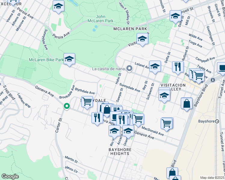 map of restaurants, bars, coffee shops, grocery stores, and more near 242 Hahn Street in San Francisco