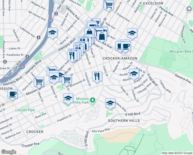 map of restaurants, bars, coffee shops, grocery stores, and more near 298 Pope Street in San Francisco