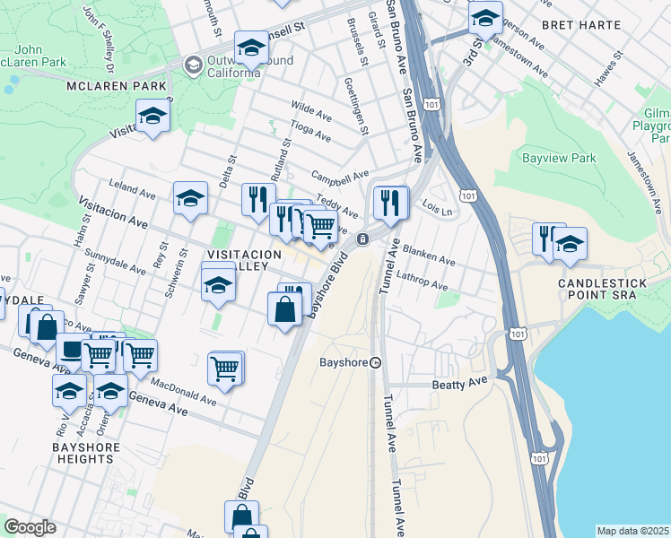 map of restaurants, bars, coffee shops, grocery stores, and more near Bayshore Blvd & Leland Ave in San Francisco