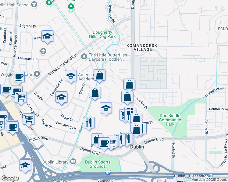 map of restaurants, bars, coffee shops, grocery stores, and more near 6955 Sierra Ct in Dublin