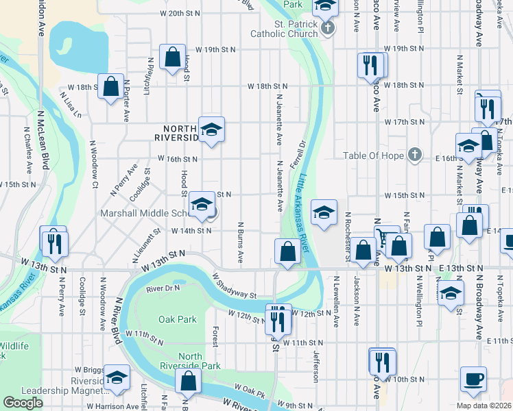 map of restaurants, bars, coffee shops, grocery stores, and more near 1552 North Burns Street in Wichita