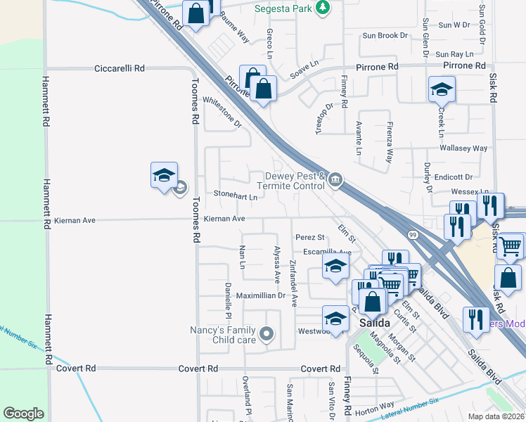 map of restaurants, bars, coffee shops, grocery stores, and more near 5248 Stonehart Lane in Salida