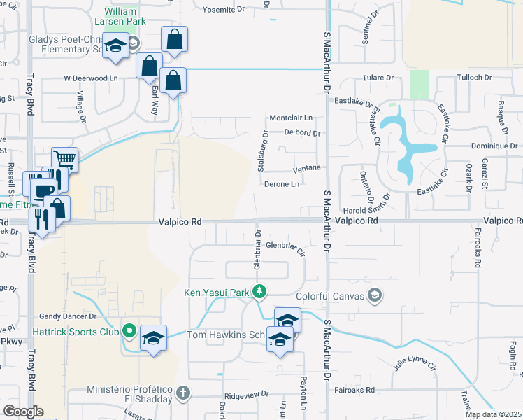 map of restaurants, bars, coffee shops, grocery stores, and more near 355 Valpico Road in Tracy