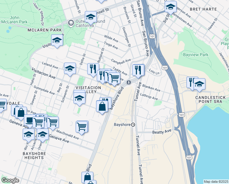 map of restaurants, bars, coffee shops, grocery stores, and more near 15 Leland Avenue in San Francisco