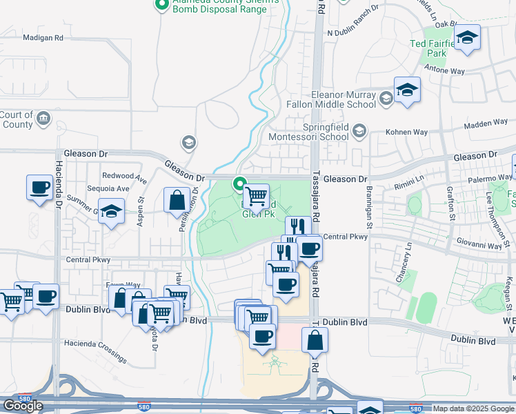 map of restaurants, bars, coffee shops, grocery stores, and more near 4201 Central Parkway in Dublin