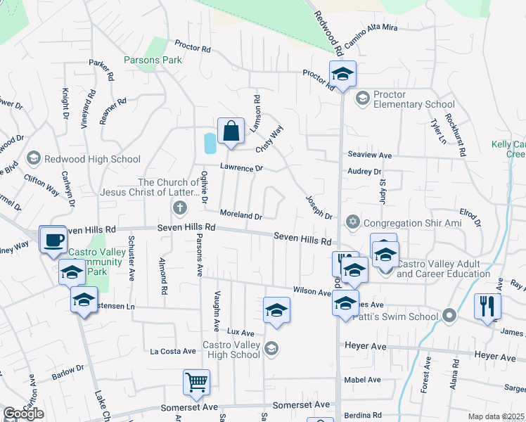 map of restaurants, bars, coffee shops, grocery stores, and more near 18472 Milmar Boulevard in Castro Valley