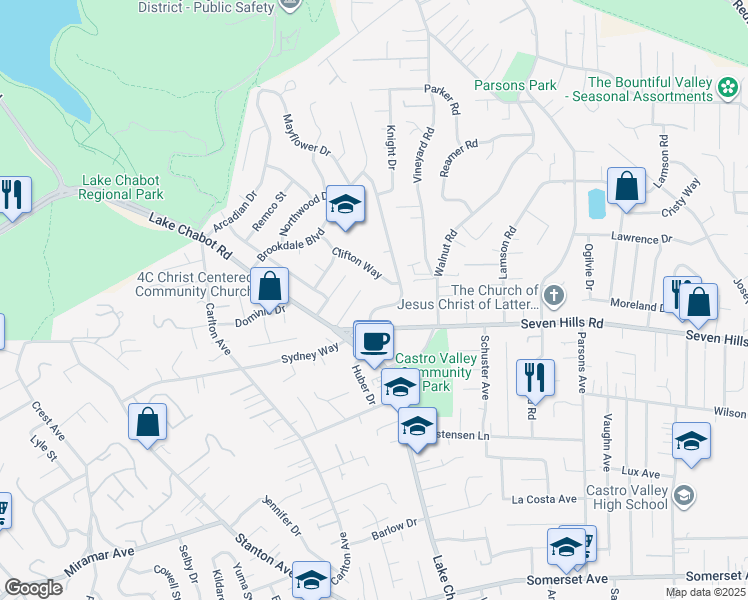 map of restaurants, bars, coffee shops, grocery stores, and more near 18507 Clifton Way in Castro Valley