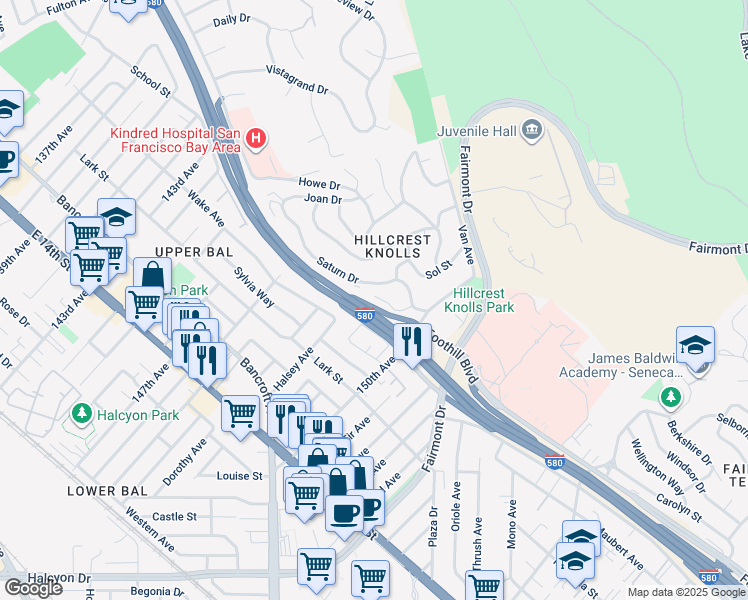 map of restaurants, bars, coffee shops, grocery stores, and more near 14848 Boulevard Court in San Leandro