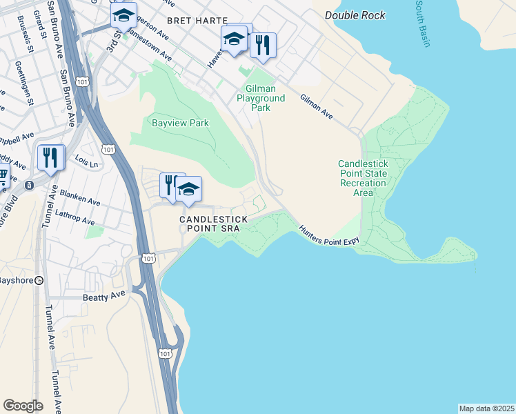 map of restaurants, bars, coffee shops, grocery stores, and more near 401 Crescent Court in San Francisco