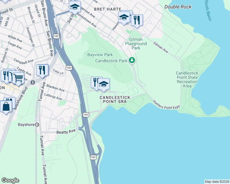 map of restaurants, bars, coffee shops, grocery stores, and more near 1 Crescent Way in San Francisco
