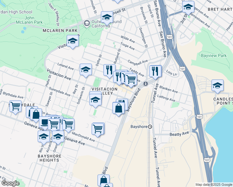 map of restaurants, bars, coffee shops, grocery stores, and more near 9 Talbert Street in San Francisco