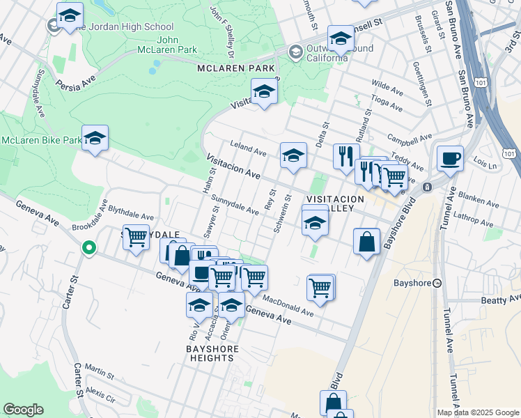map of restaurants, bars, coffee shops, grocery stores, and more near 161 Rey Street in San Francisco