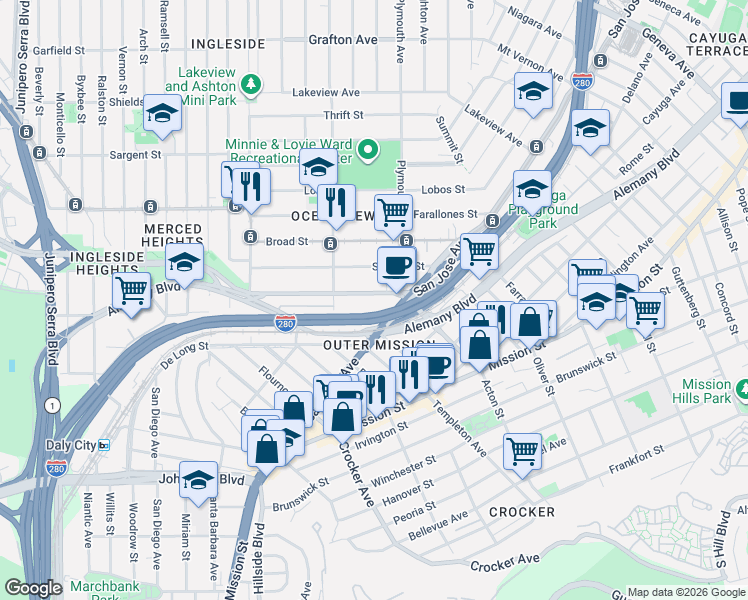 map of restaurants, bars, coffee shops, grocery stores, and more near 118 Sagamore Street in San Francisco