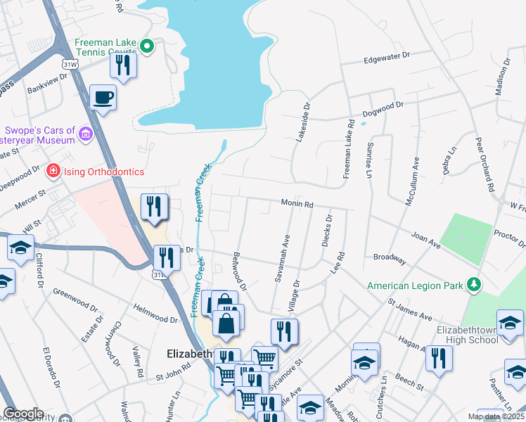 map of restaurants, bars, coffee shops, grocery stores, and more near 9108 Monin Road in Elizabethtown