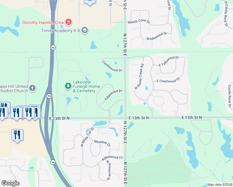 map of restaurants, bars, coffee shops, grocery stores, and more near 12692-12710 Edgewood Drive in Wichita