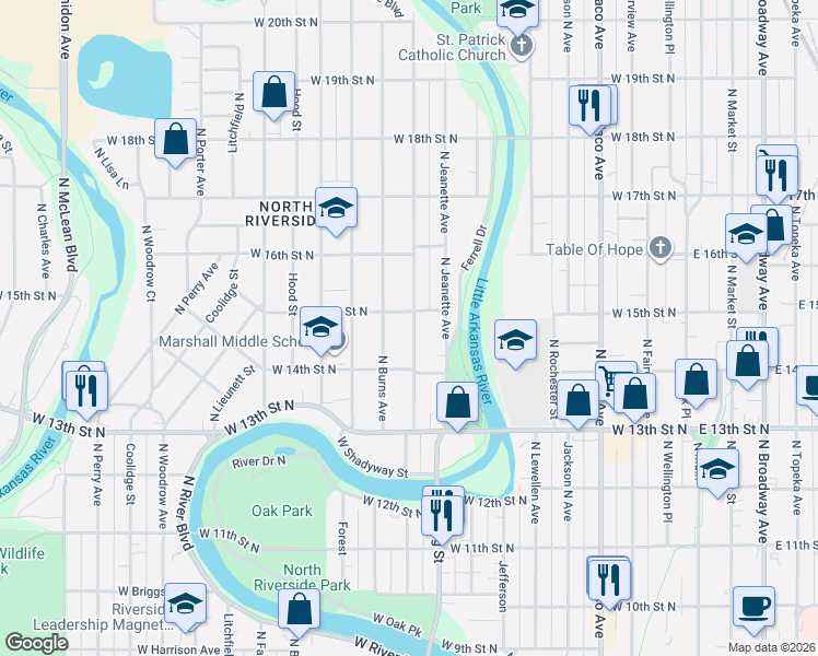 map of restaurants, bars, coffee shops, grocery stores, and more near 1552 North Burns Street in Wichita