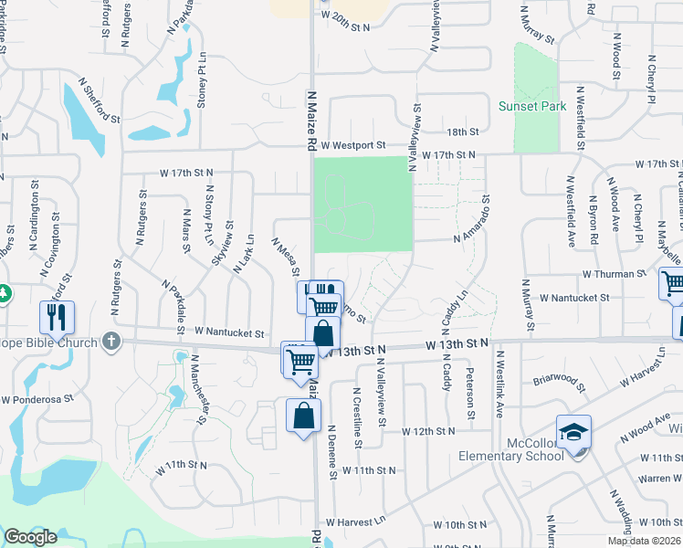 map of restaurants, bars, coffee shops, grocery stores, and more near 10234 Alamo Court in Wichita