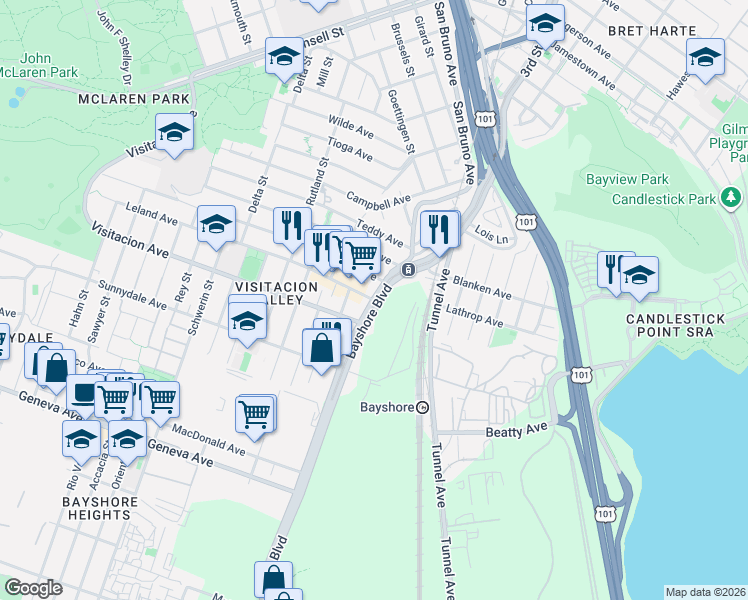 map of restaurants, bars, coffee shops, grocery stores, and more near 2 Leland Avenue in San Francisco