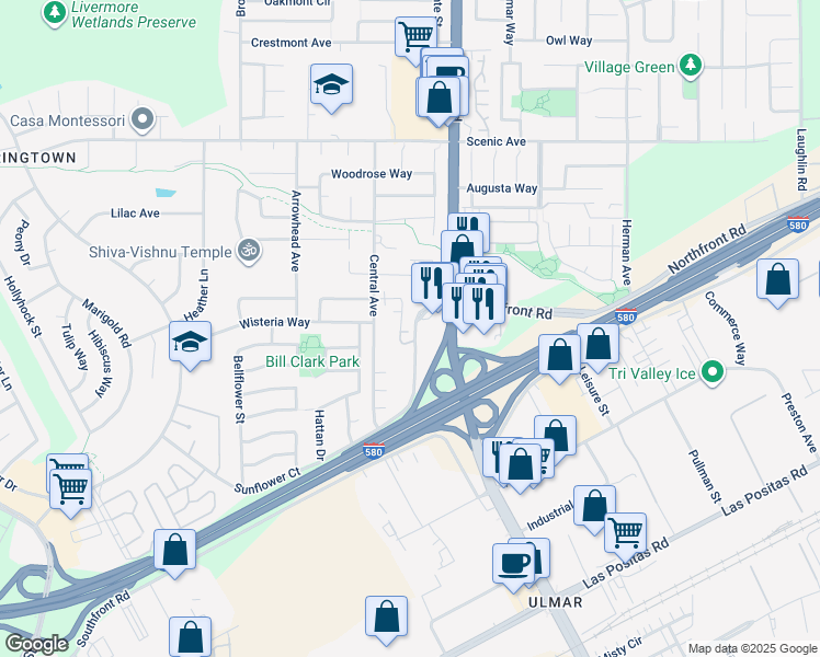 map of restaurants, bars, coffee shops, grocery stores, and more near 883 Barney Common in Livermore