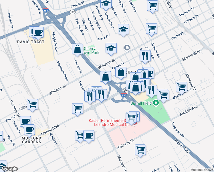 map of restaurants, bars, coffee shops, grocery stores, and more near Marina Blvd in San Leandro