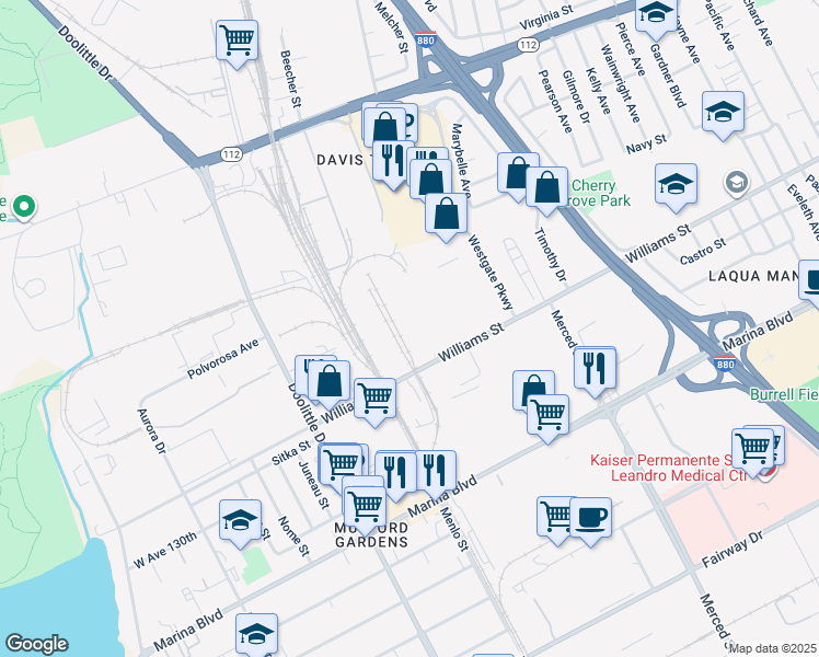 map of restaurants, bars, coffee shops, grocery stores, and more near 1976 Williams Street in San Leandro