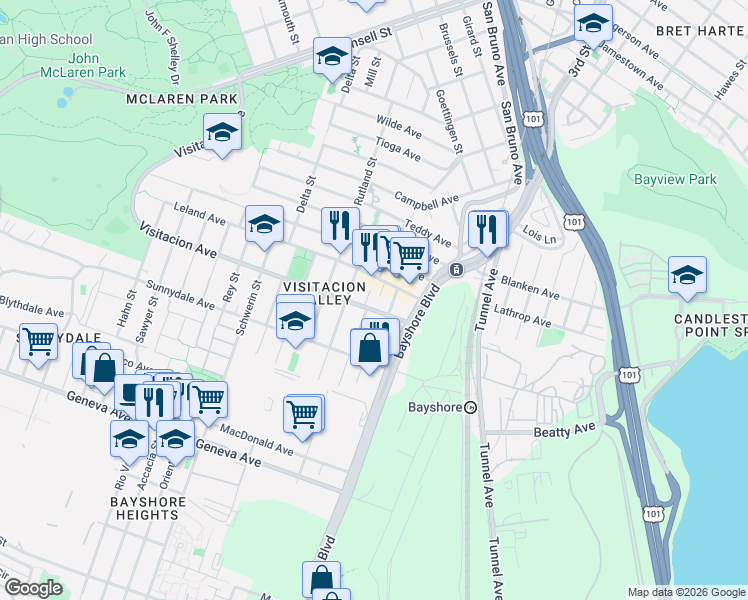map of restaurants, bars, coffee shops, grocery stores, and more near 9 Talbert Street in San Francisco