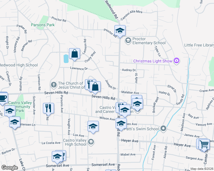 map of restaurants, bars, coffee shops, grocery stores, and more near 18425 Joseph Drive in Castro Valley