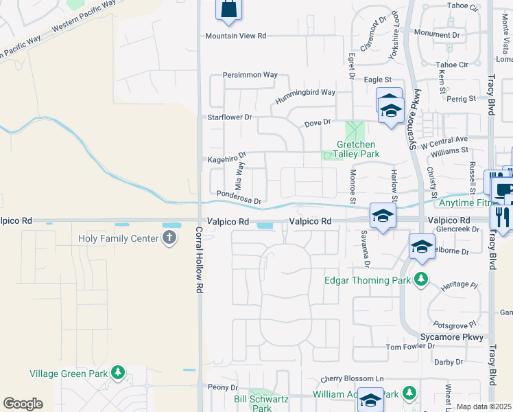 map of restaurants, bars, coffee shops, grocery stores, and more near 1798 Ponderosa Drive in Tracy
