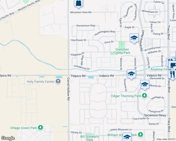 map of restaurants, bars, coffee shops, grocery stores, and more near 1798 Ponderosa Drive in Tracy