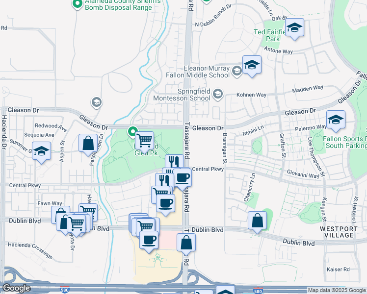 map of restaurants, bars, coffee shops, grocery stores, and more near 4800 Tassajara Road in Dublin